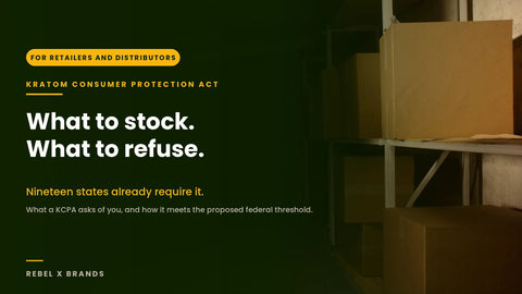 A wholesale stockroom with plain cardboard cases stacked on pallet racking, under type reading What to stock. What to refuse.