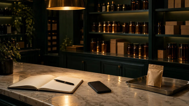 Shop counter with an open notebook, a pen, a phone and a small pouch on a tray, with shelves of jars behind