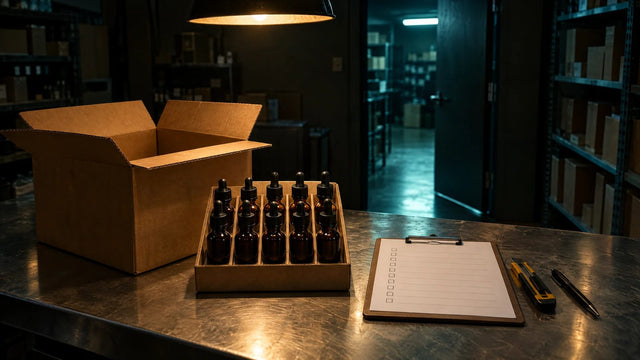 Open shipping carton holding rows of small bottles on a stockroom counter beside a clipboard and pen