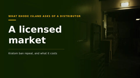 An editorial hero of a dim warehouse aisle with stacked cases, under type reading what Rhode Island asks of a distributor and the words a licensed market set large.
