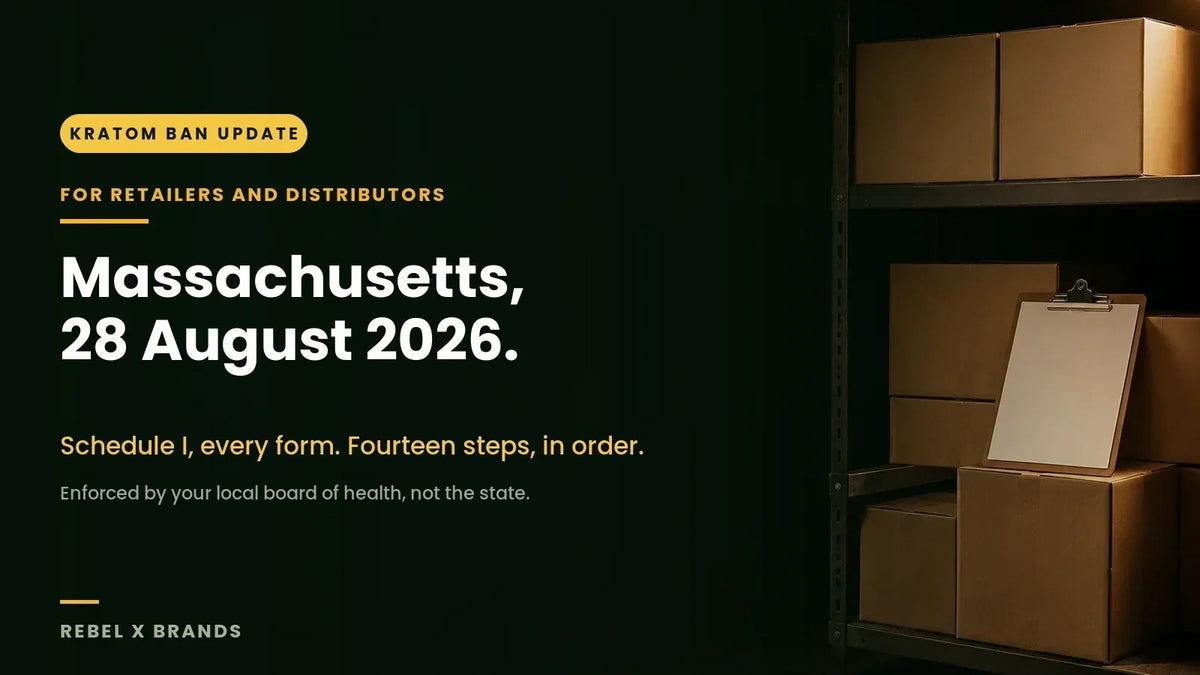 Kratom ban update banner marking 28 August 2026, when the Massachusetts emergency order places kratom in Schedule I in every form and hands enforcement to municipal boards of health.