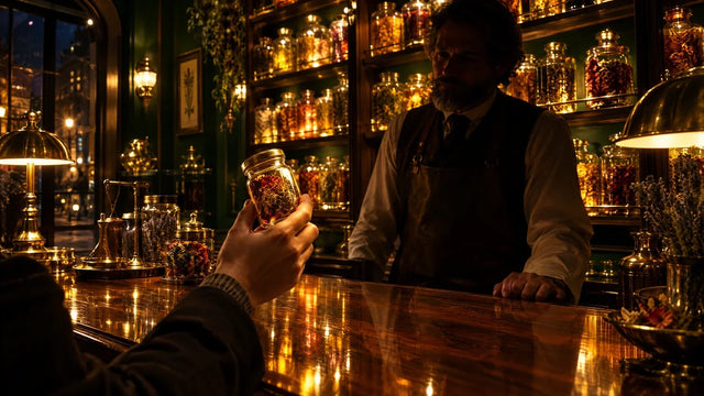 Kratom FAQ for retailers: a customer's hand holding up a small glass jar across a polished counter toward a shopkeeper, shelves of glowing unlabeled jars behind him, warm amber light.