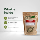Boost Blend Kratom Capsules - ingredients panel and supplement facts - energizing GRH Kratom boost capsules - premium MAP-protected kratom, lab-tested mitragynine, manufactured in Austin, wholesale and bulk for retailers - view 3