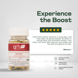 Boost Blend Kratom Capsules - customer review highlight - energizing GRH Kratom boost capsules - premium MAP-protected kratom, lab-tested mitragynine, manufactured in Austin, wholesale and bulk for retailers - view 6