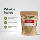 Boost Blend Kratom Powder - ingredients panel and supplement facts - energizing GRH Kratom boost blend powder - premium MAP-protected kratom, lab-tested mitragynine, manufactured in Austin, wholesale and bulk for retailers - view 3