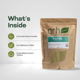 Focus Blend Kratom Powder - ingredients panel and supplement facts - clean-energy GRH Kratom focus blend powder - premium MAP-protected kratom, lab-tested mitragynine, manufactured in Austin, wholesale and bulk for retailers - view 3