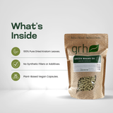 Green Maeng Da Kratom Capsules - ingredients panel and supplement facts - balanced-strain GRH Kratom green maeng da capsules - premium MAP-protected kratom, lab-tested mitragynine, manufactured in Austin, wholesale and bulk for retailers - view 3