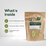 Green Maeng Da Kratom Powder - ingredients panel and supplement facts - balanced-strain GRH Kratom green maeng da powder - premium MAP-protected kratom, lab-tested mitragynine, manufactured in Austin, wholesale and bulk for retailers - view 3