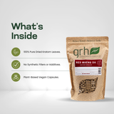 Red Maeng Da Kratom Capsules - ingredients panel and supplement facts - soothing-strain GRH Kratom red maeng da capsules - premium MAP-protected kratom, lab-tested mitragynine, manufactured in Austin, wholesale and bulk for retailers - view 3