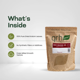 Red Maeng Da Kratom Powder - ingredients panel and supplement facts - soothing-strain GRH Kratom red maeng da powder - premium MAP-protected kratom, lab-tested mitragynine, manufactured in Austin, wholesale and bulk for retailers - view 3