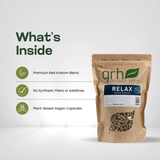 Relax Blend Kratom Capsules - ingredients panel and supplement facts - unwinding GRH Kratom relax capsules - premium MAP-protected kratom, lab-tested mitragynine, manufactured in Austin, wholesale and bulk for retailers - view 3