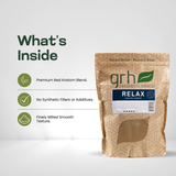 Relax Blend Kratom Powder - ingredients panel and supplement facts - unwinding GRH Kratom relax blend powder - premium MAP-protected kratom, lab-tested mitragynine, manufactured in Austin, wholesale and bulk for retailers - view 3