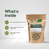 Super Green Kratom Capsules - ingredients panel and supplement facts - beginner-friendly GRH Kratom super green capsules - premium MAP-protected kratom, lab-tested mitragynine, manufactured in Austin, wholesale and bulk for retailers - view 3