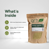 Super Green Kratom Powder - ingredients panel and supplement facts - beginner-friendly GRH Kratom super green powder - premium MAP-protected kratom, lab-tested mitragynine, manufactured in Austin, wholesale and bulk for retailers - view 3