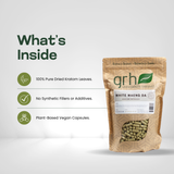 White Maeng Da Kratom Capsules - ingredients panel and supplement facts - invigorating-strain GRH Kratom white maeng da capsules - premium MAP-protected kratom, lab-tested mitragynine, manufactured in Austin, wholesale and bulk for retailers - view 3