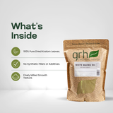 White Maeng Da Kratom Powder - ingredients panel and supplement facts - invigorating-strain GRH Kratom white maeng da powder - premium MAP-protected kratom, lab-tested mitragynine, manufactured in Austin, wholesale and bulk for retailers - view 3